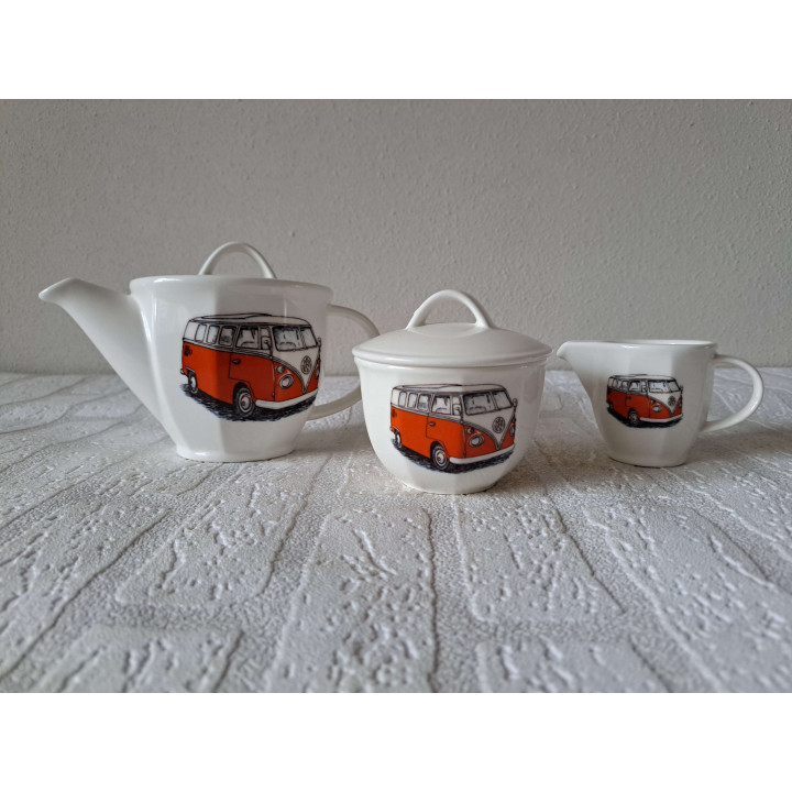 Koffie thee set met Volkswagen bus, porselein 19x11x12cm - handgemaakt