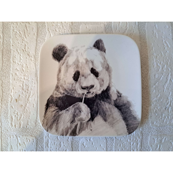 Ontbijtbord met Pandabeer tekening, porselein 15x15x1.5cm - handgemaakt