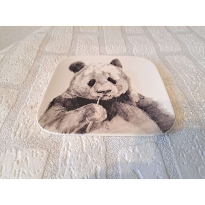 Ontbijtbord met Pandabeer tekening, porselein 15x15x1.5cm - handgemaakt