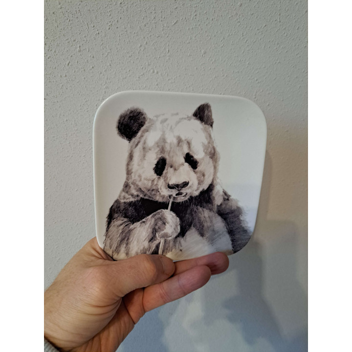 Ontbijtbord met Pandabeer tekening, porselein 15x15x1.5cm - handgemaakt
