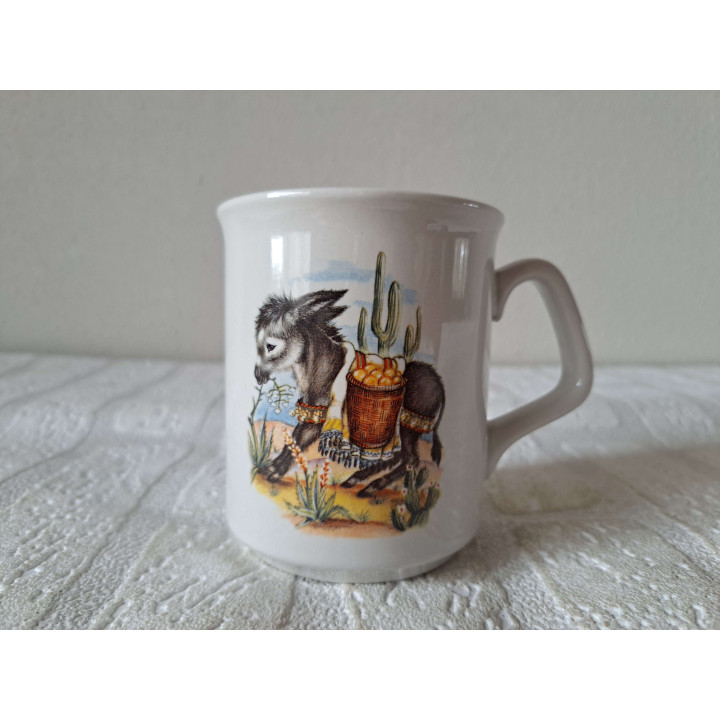 Beker mok met ezel en mandje, porselein D8xH10cm - handgemaakt