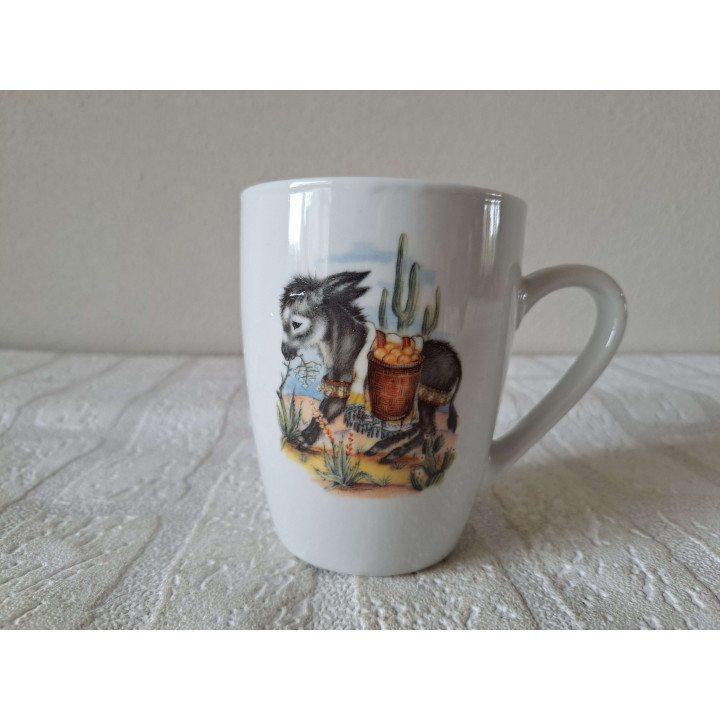 Beker mok met ezel en mandje, porselein D8.5xH10cm - handgemaakt