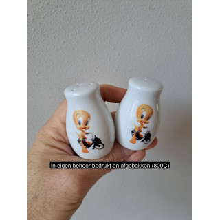 Tweety Solex bromfiets peper en zoutstel, porselein D4xH6cm
