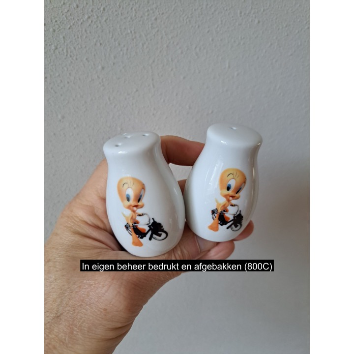 Tweety Solex bromfiets peper en zoutstel, porselein D4xH6cm