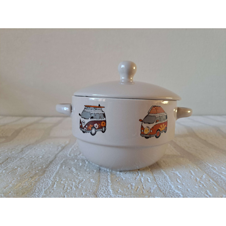 Soepkom met deksel, porselein D11.5xH7.5cm - handgemaakt