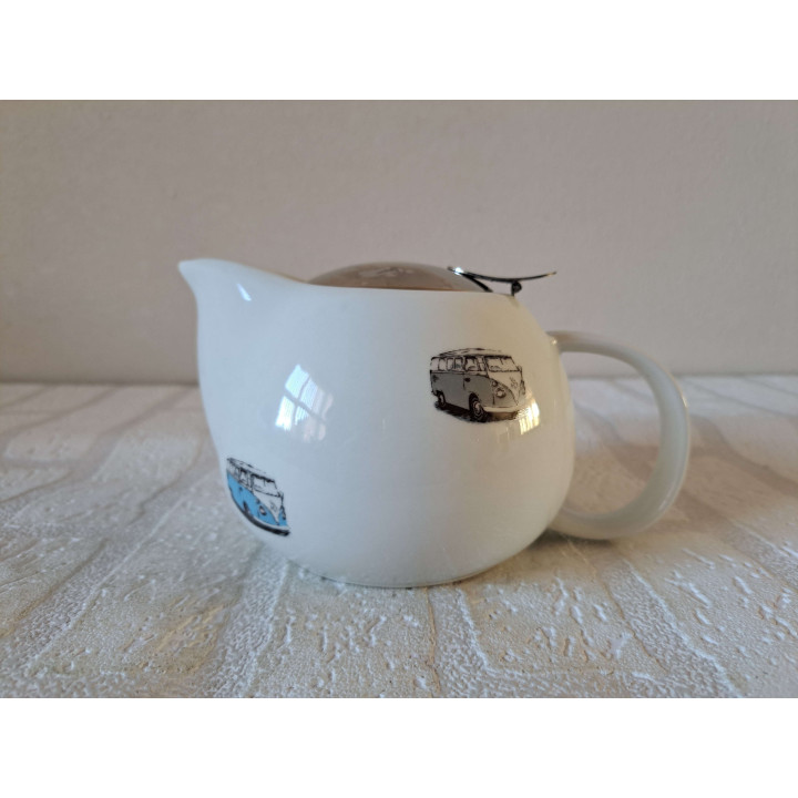 Theepot met zeef, Volkswagen bus, porselein 17x12x10cm - handgemaakt