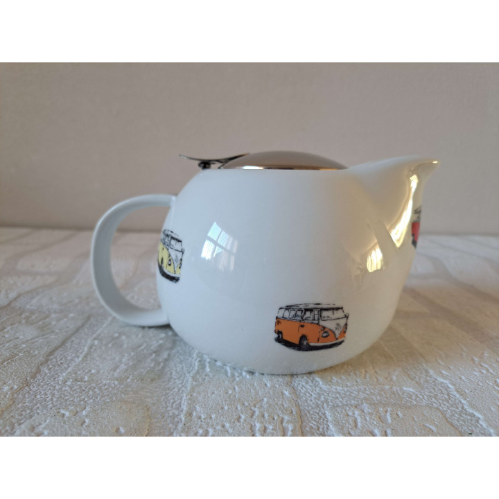 Theepot met zeef, Volkswagen bus, porselein 17x12x10cm - handgemaakt