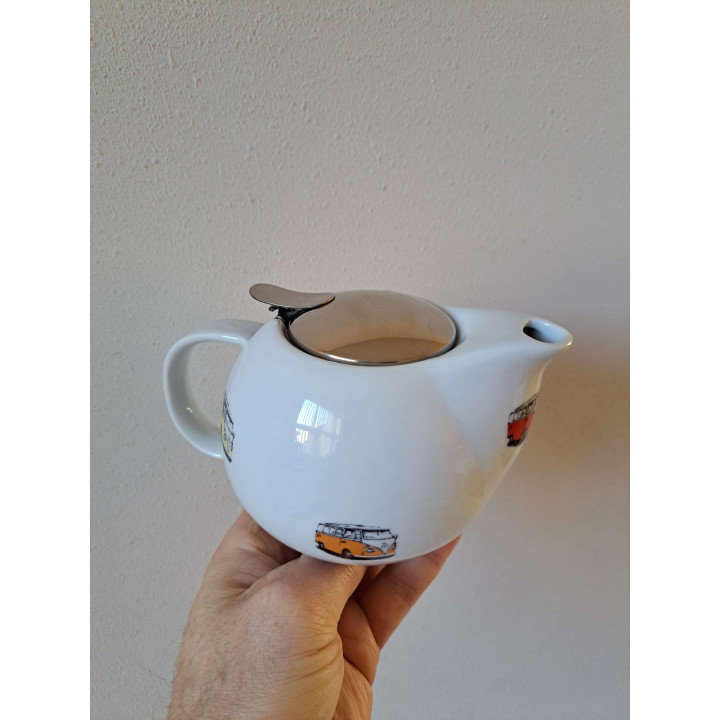 Theepot met zeef, Volkswagen bus, porselein 17x12x10cm - handgemaakt