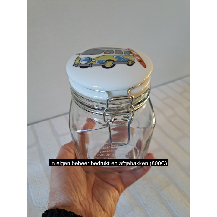 Voorraadpot met Volkswagen bus, glas-porselein 10x10x16cm