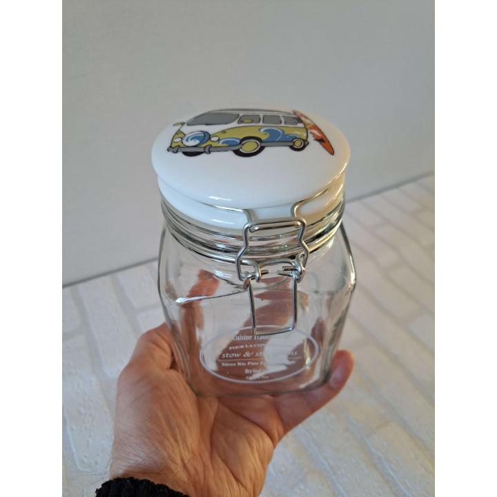 Voorraadpot met Volkswagen bus, glas-porselein 10x10x16cm - handgemaakt