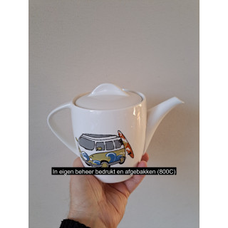 Koffiepot Volkswagen bus en surfplank, porselein 22x12x16cm