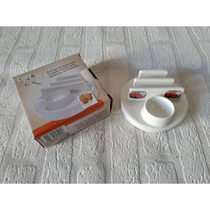 Eierdopje, toasthouder Volkswagen bus, porselein D11.5xH5cm - handgemaakt