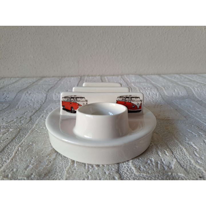 Eierdopje, toasthouder Volkswagen bus, porselein D11.5xH5cm - handgemaakt