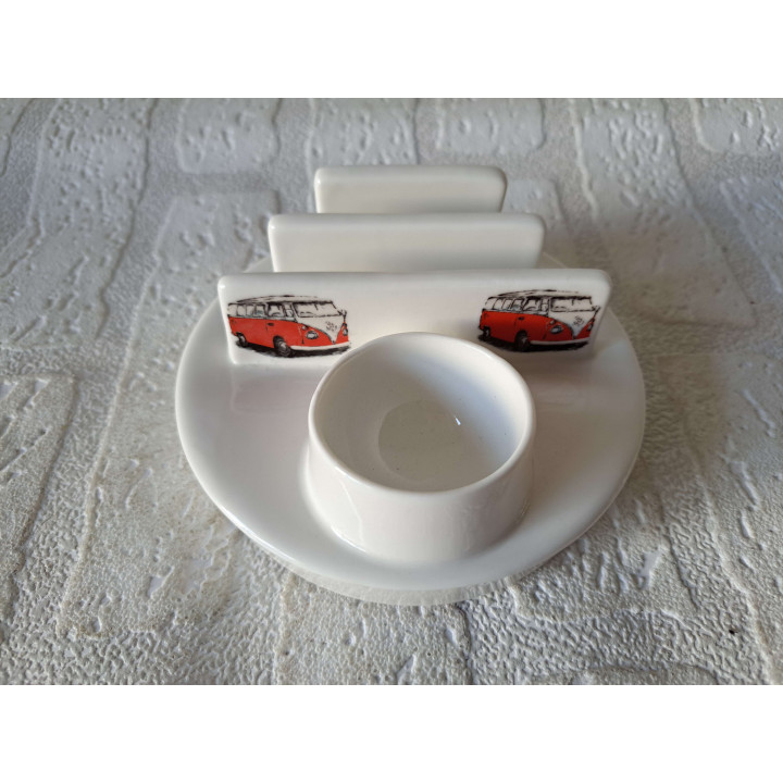 Eierdopje, toasthouder Volkswagen bus, porselein D11.5xH5cm - handgemaakt