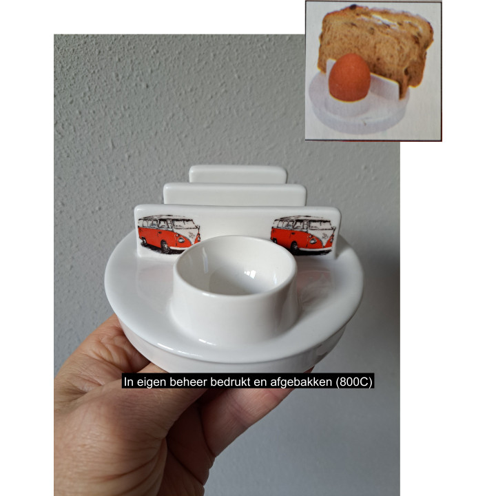 Eierdopje, toasthouder Volkswagen bus, porselein D11.5xH5cm