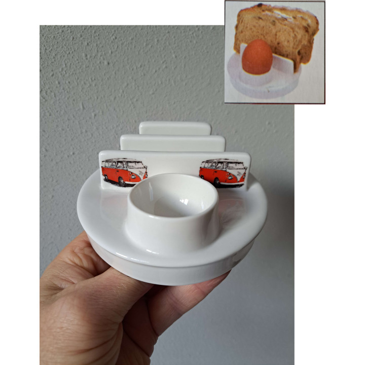Eierdopje, toasthouder Volkswagen bus, porselein D11.5xH5cm - handgemaakt