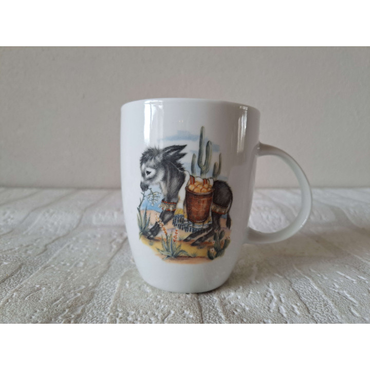 Beker mok met ezel en mandje, porselein D8xH10cm - handgemaakt