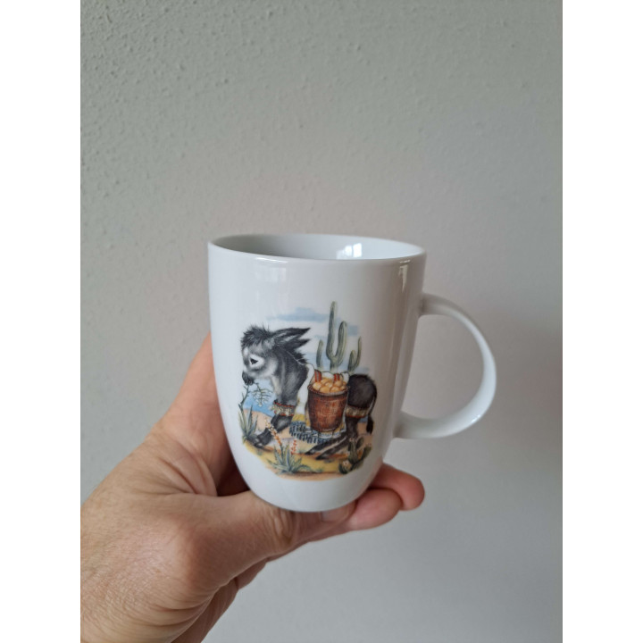 Beker mok met ezel en mandje, porselein D8xH10cm - handgemaakt