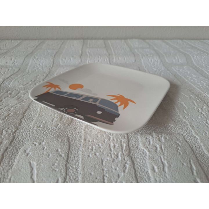 Ontbijtbord met Volkswagen en palmboom, porselein 15x15cm - handgemaakt