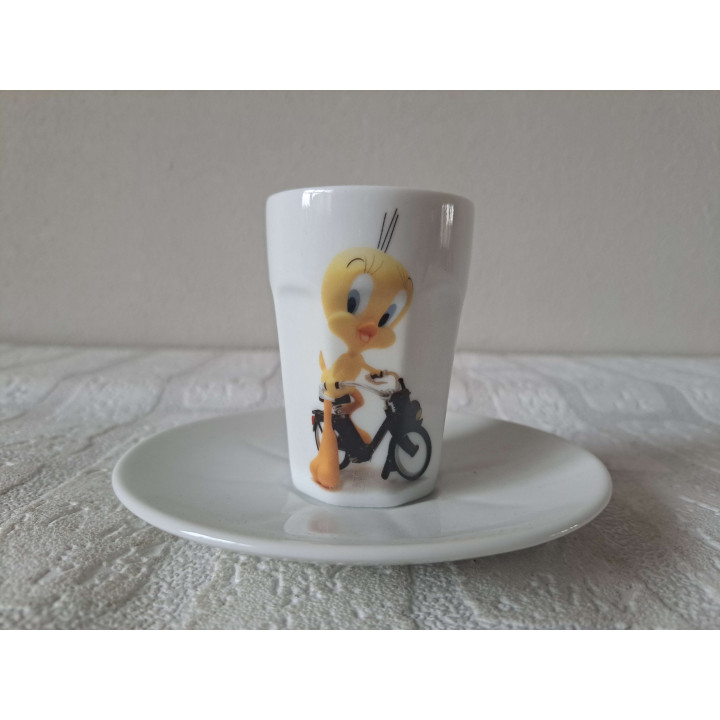 Kop en schotel Tweety, Solex bromfiets, porselein D12.5xH8cm - handgemaakt