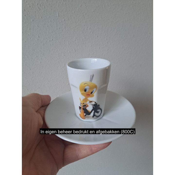 Kop en schotel Tweety, Solex bromfiets, porselein D12.5xH8cm
