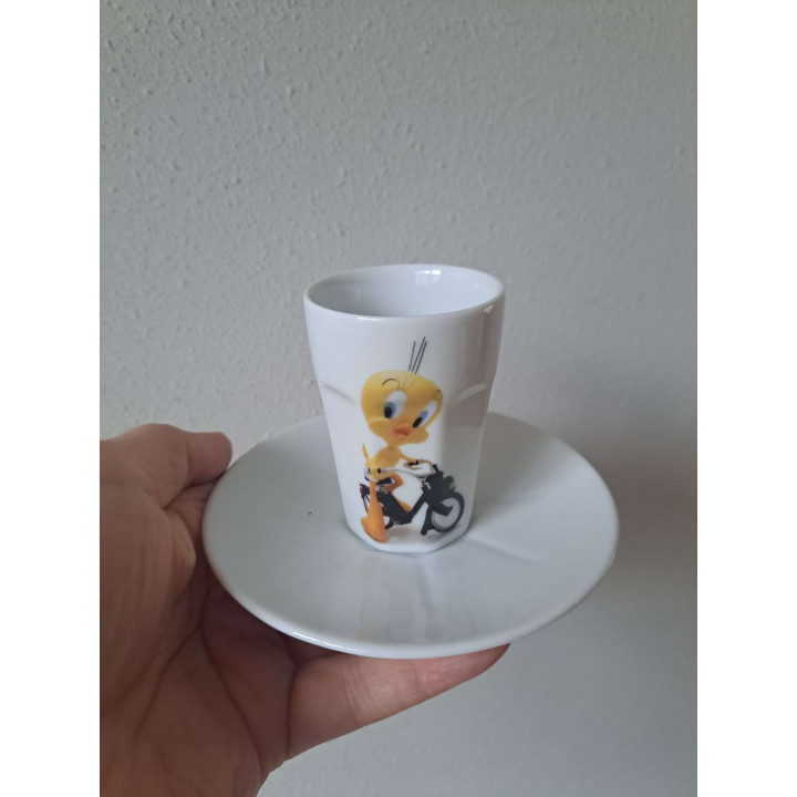 Kop en schotel Tweety, Solex bromfiets, porselein D12.5xH8cm - handgemaakt