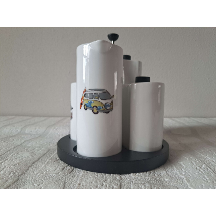 Peper, zout, olie, azijn Volkswagen, porselein D16.5xH17.5cm - handgemaakt
