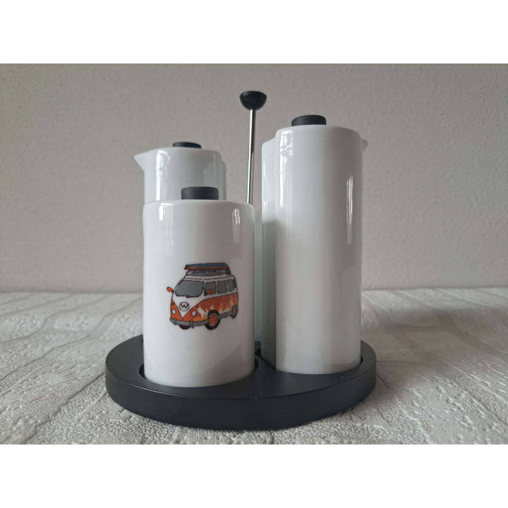 Peper, zout, olie, azijn Volkswagen, porselein D16.5xH17.5cm - handgemaakt