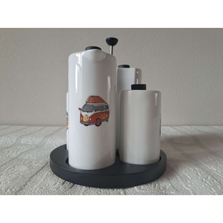 Peper, zout, olie, azijn Volkswagen, porselein D16.5xH17.5cm - handgemaakt