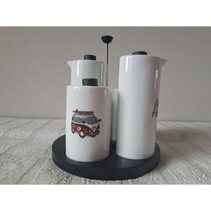 Peper, zout, olie, azijn Volkswagen, porselein D16.5xH17.5cm - handgemaakt