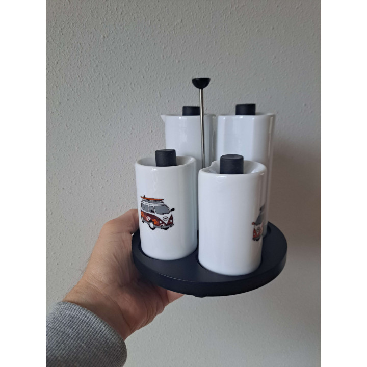 Peper, zout, olie, azijn Volkswagen, porselein D16.5xH17.5cm - handgemaakt