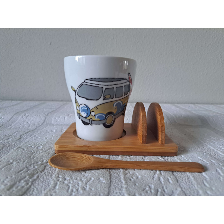 Ontbijtset Volkswagen bus en surfplank, porselein 12.5x9x10cm - handgemaakt