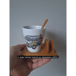 Ontbijtset Volkswagen bus en surfplank, porselein 12.5x9x10cm