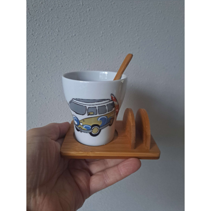 Ontbijtset Volkswagen bus en surfplank, porselein 12.5x9x10cm - handgemaakt