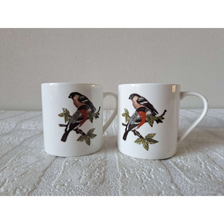 Set bekers mokken met goudvinken vogels, porselein D7xH7.5cm - handgemaakt