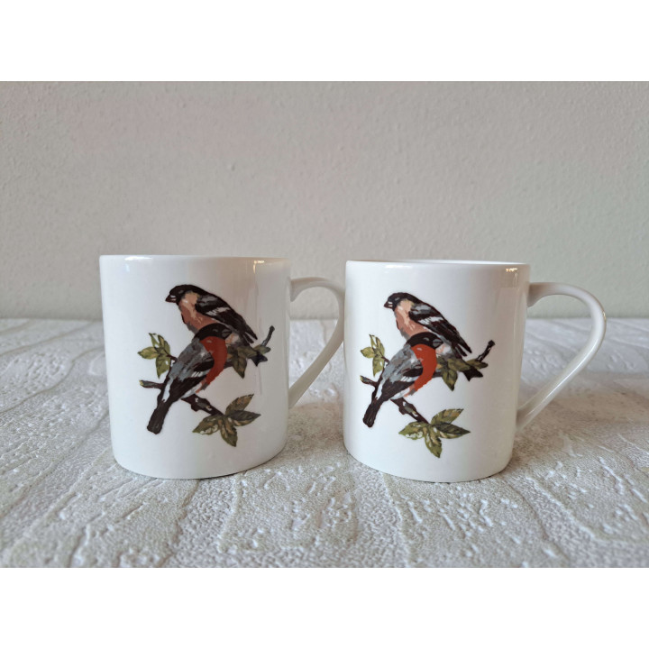 Set bekers mokken met goudvinken vogels, porselein D7xH7.5cm - handgemaakt