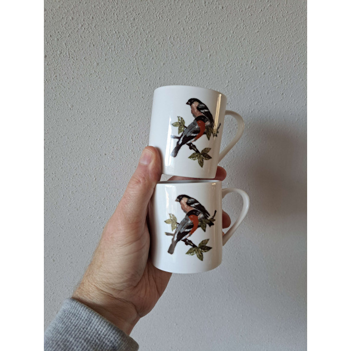 Set bekers mokken met goudvinken vogels, porselein D7xH7.5cm - handgemaakt