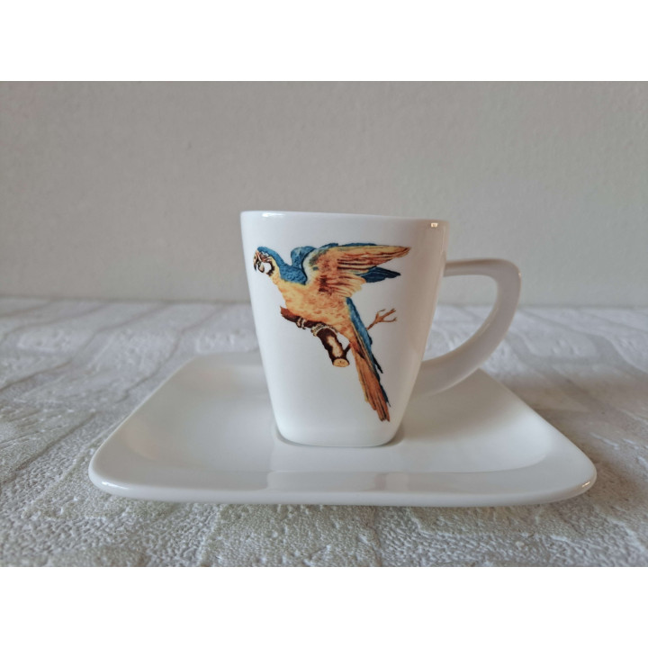 Kop en schotel Papagaai vogel, porselein 14x14x9cm - handgemaakt