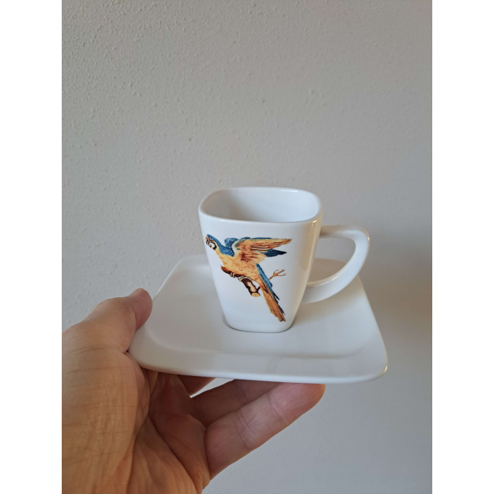 Kop en schotel Papagaai vogel, porselein 14x14x9cm - handgemaakt