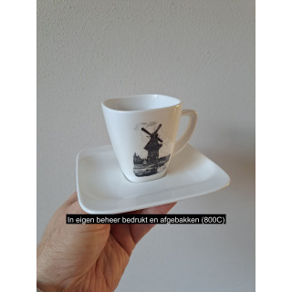 Kop en schotel Molen de Gooyer Amsterdam porselein 14x14x9cm