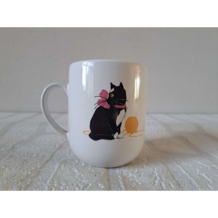 Beker mok met poes, porselein D7.58xH9cm - handgemaakt