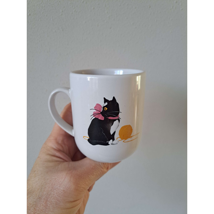 Beker mok met poes, porselein D7.58xH9cm - handgemaakt