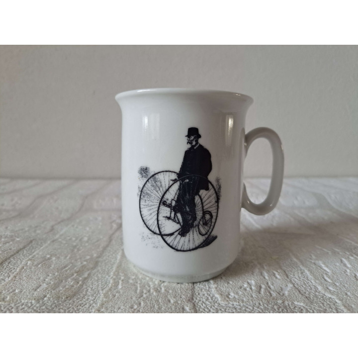 Beker mok met oldtimer fiets 1887, porselein D7.6xH9.5cm - handgemaakt