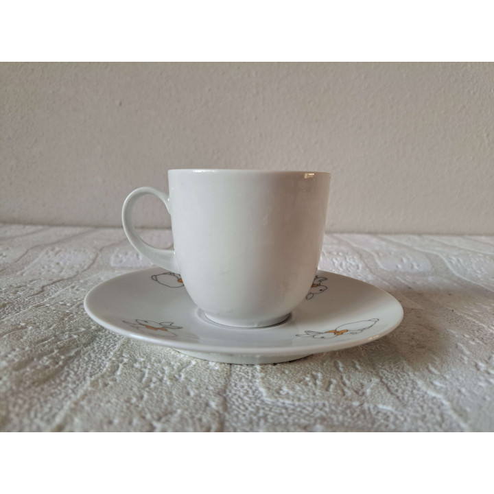 Kop en schotel met konijnen, porselein D13.5xH7cm - handgemaakt