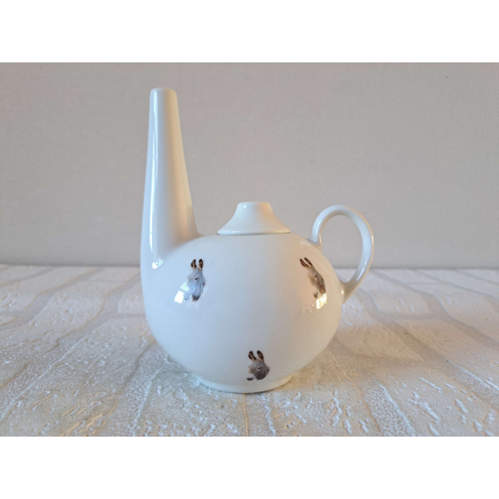 Theepotje met ezel opdruk, porselein 12x8.5x14cm - handgemaakt