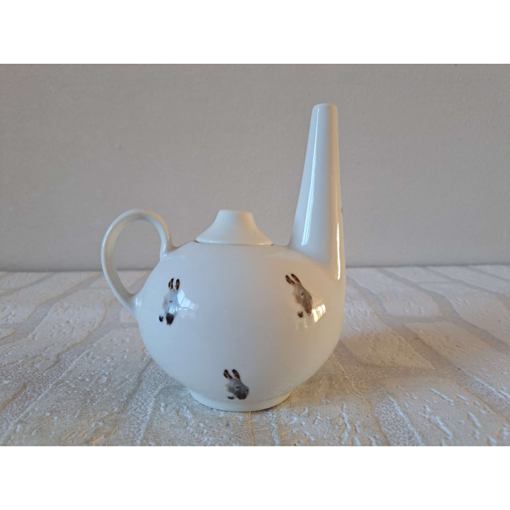 Theepotje met ezel opdruk, porselein 12x8.5x14cm - handgemaakt