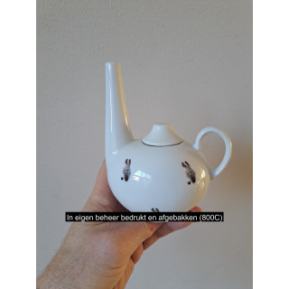 Porseleinen Miniatuur Theepotje met Ezel Opdruk - Handbedrukt