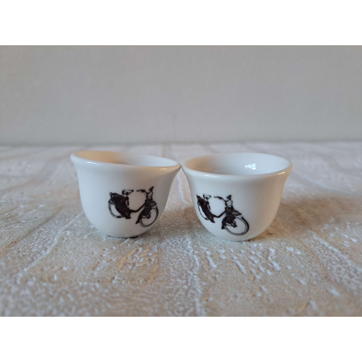 Set eierdopje met Solex motorfiets, porselein D4xH3cm - handgemaakt