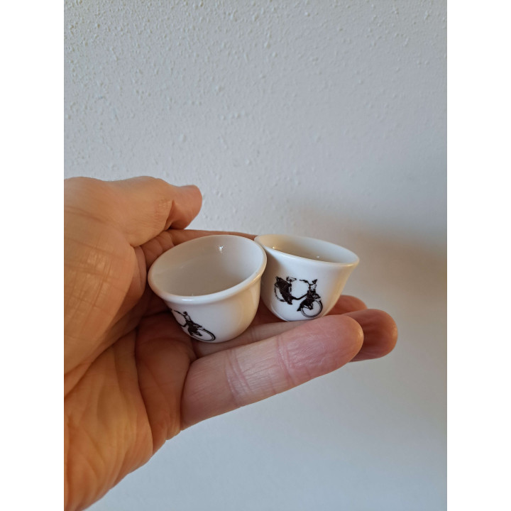 Set eierdopje met Solex motorfiets, porselein D4xH3cm - handgemaakt