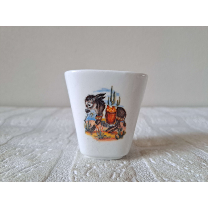 Bloempotje met Ezel met mand, porselein 6x6x6cm - handgemaakt